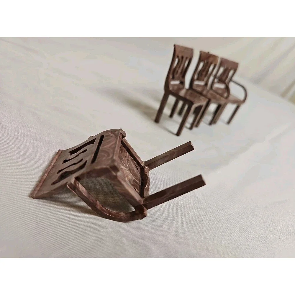 Vintage Plasco Dollhouse Chairs Set of 4 Marbled Brown Plastic Furniture READ